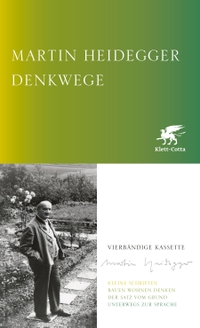 Buchcover: Martin Heidegger. Denkwege. Ausgabe in vier Bänden - Kleine Schriften. Bauen Wohnen Denken. Der Satz vom Grund. Unterwegs zur Sprache. Klett-Cotta Verlag, Stuttgart, 2022.