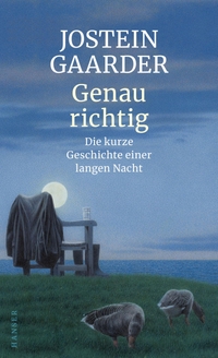 Cover: Jostein Gaarder. Genau richtig - Die kurze Geschichte einer langen Nacht. Roman. Carl Hanser Verlag, München, 2019.