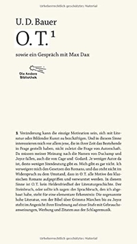 Buchcover: U. D. Bauer. O.T. - sowie ein Gespräch mit Max Dax. Die Andere Bibliothek, Berlin, 2013.