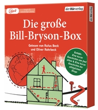 Buchcover: Bill Bryson. Die große Bill-Bryson-Box - 4 mp3-CDs. Gelesen von Rufus Beck und Oliver Rohrbeck. DHV - Der Hörverlag, München, 2020.